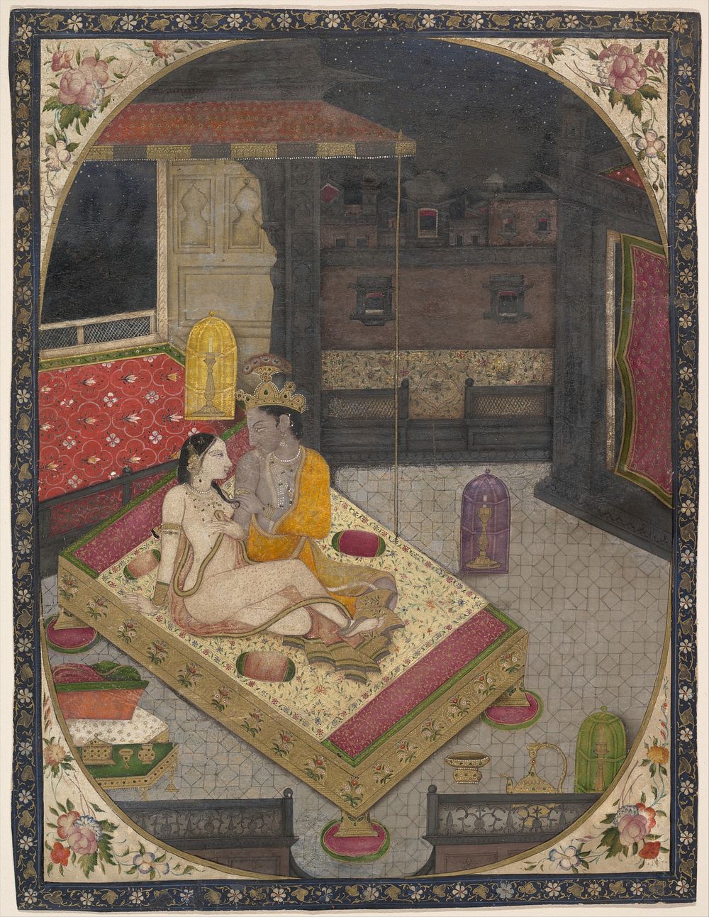 Radha and Krishna on a Bed at Night, India (Punjab Hills, Sirmur)