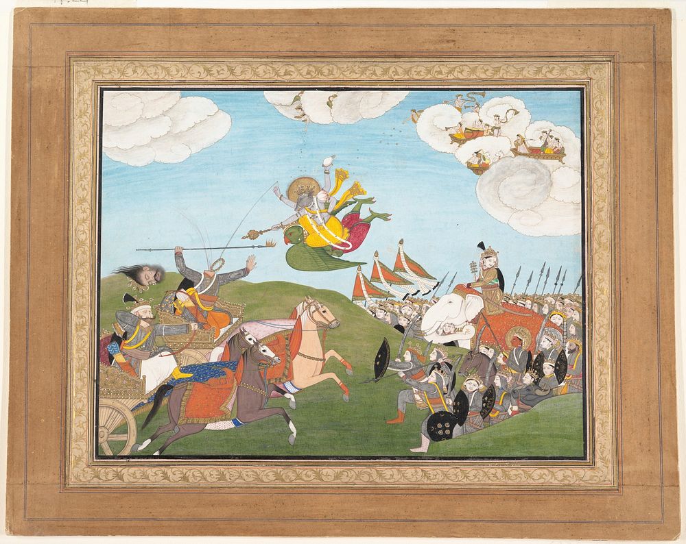 Vishnu as Varaha, the Boar Avatar, Slays Banasur, A Demon General: Page from an Unknown Manuscript, India (Punjab Hills…