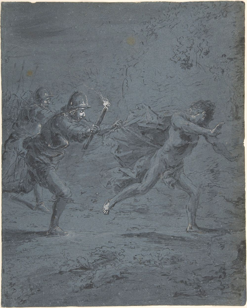 Night scene with soldiers chasing a fugitive (Mark XIV, 5-52) by Leonaert Bramer