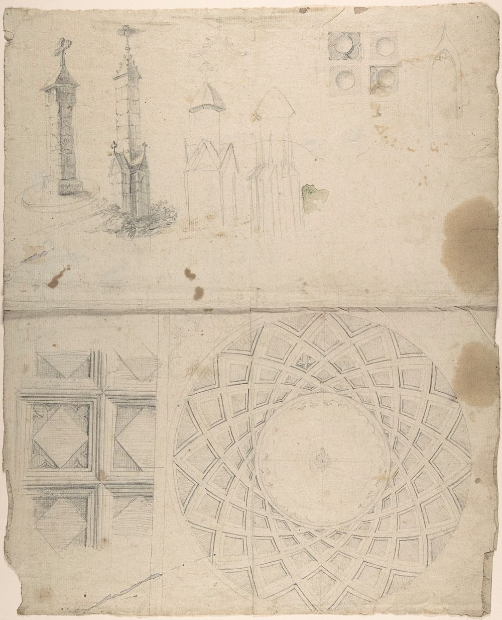 Design for coffered cupola interior and monuments (recto); details of wall decoration (verso)