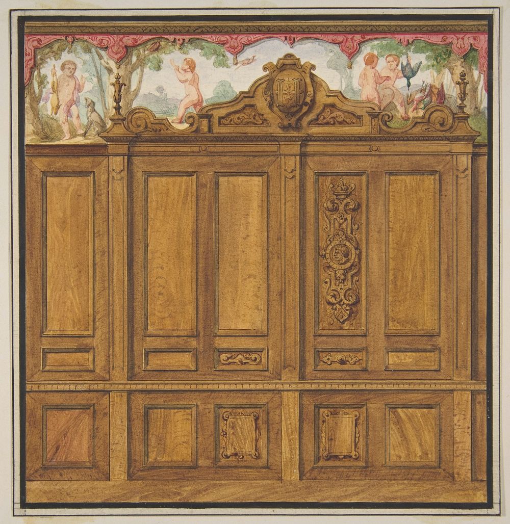 Design for the decoration of a room with a large wood-paneled cupboard surmounted by the monogram:  H by Jules Lachaise and…
