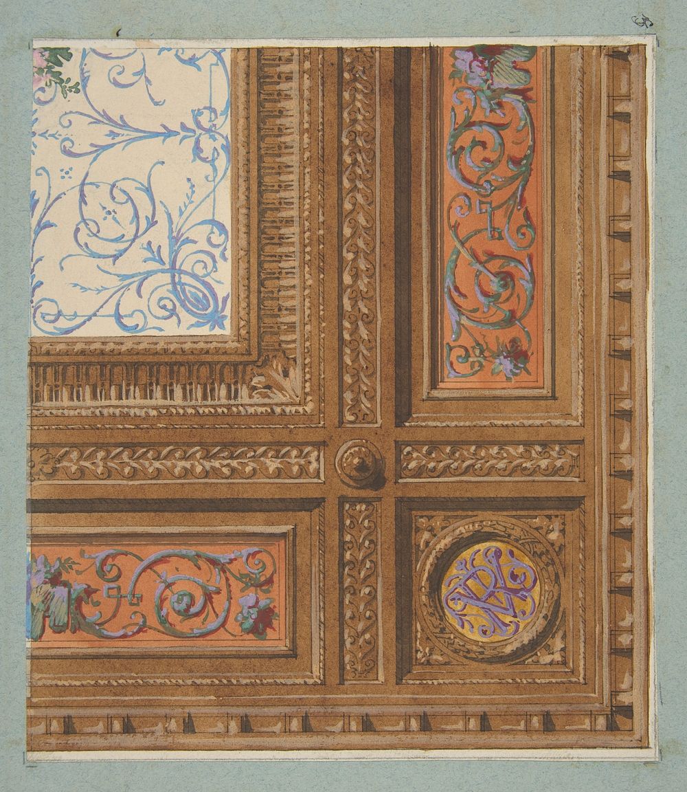 Design for the painted decoration of a coffered ceiling with initials: VR by Jules-Edmond-Charles Lachaise and Eugène-Pierre…