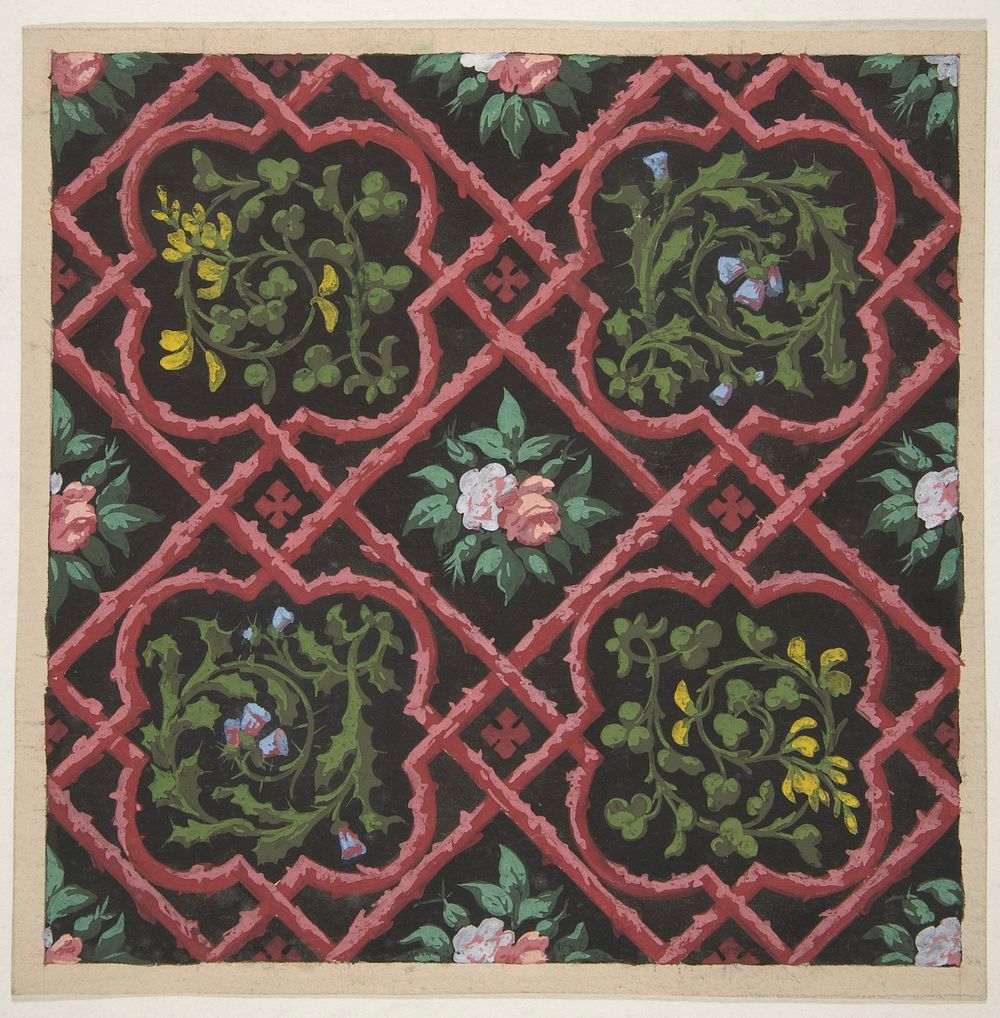 Design for wallpaper featuring flowers and latticework