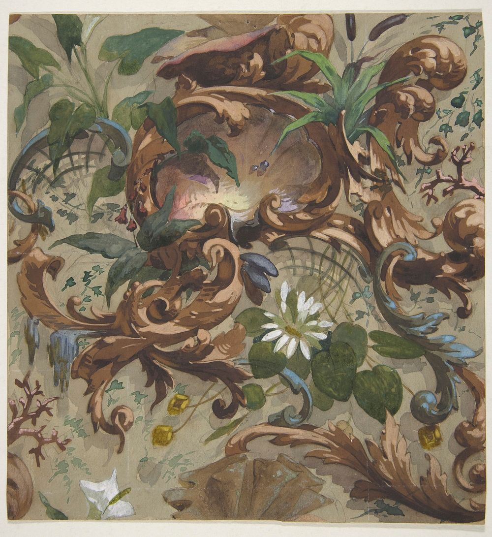 Design for wallpaper featuring shells, waterlilies, and cattails by Jules Lachaise and Eugène Pierre Gourdet