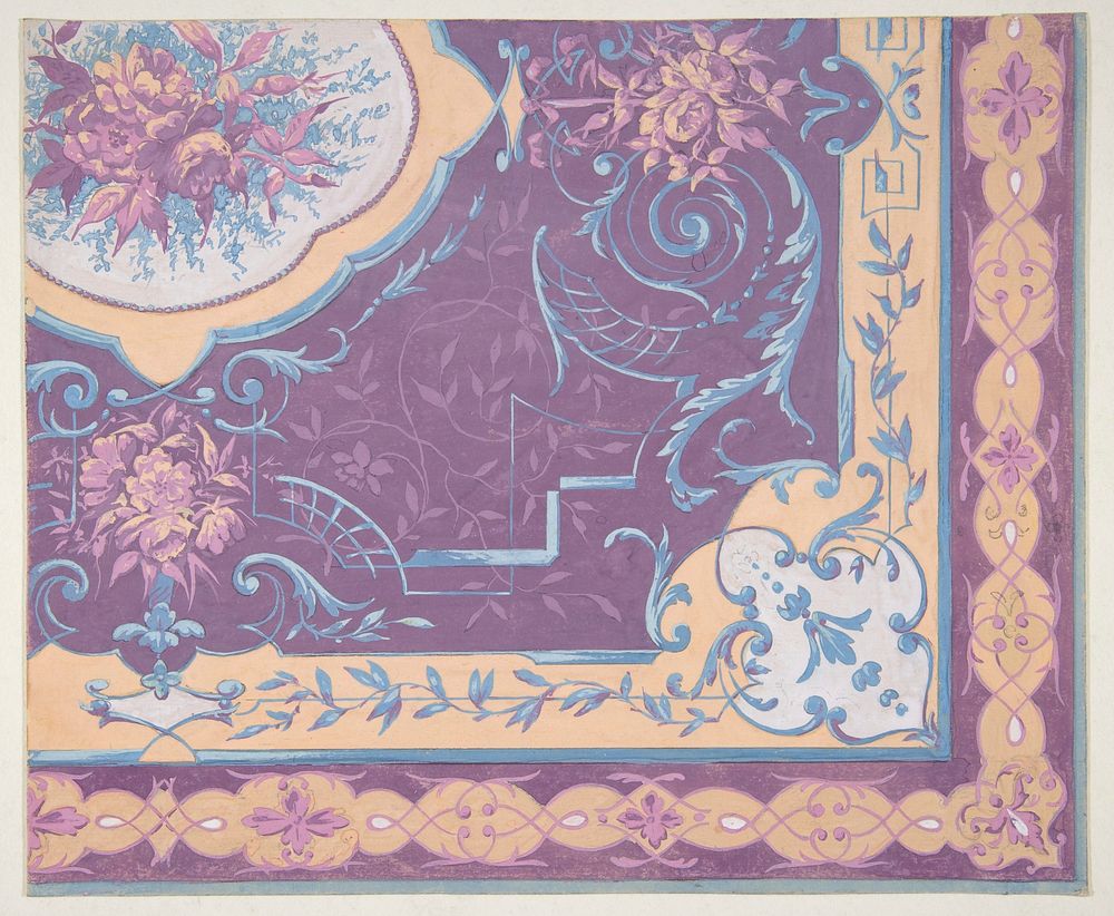 Wallpaper design featuring bouquets of roses, strapwork, and rinceaux by Jules Lachaise and Eugène Pierre Gourdet