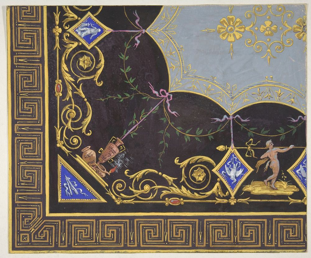 Design for wallpaper with Roman key border, rinceaux, and medallions by Jules Lachaise and Eugène Pierre Gourdet