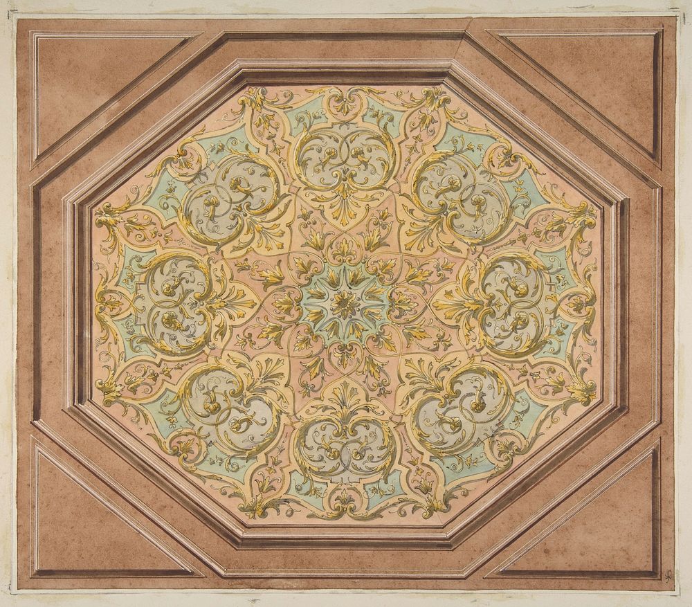 Design for the decoration of a hexagonal ceiling with rinceaux by Jules Lachaise and Eugène Pierre Gourdet