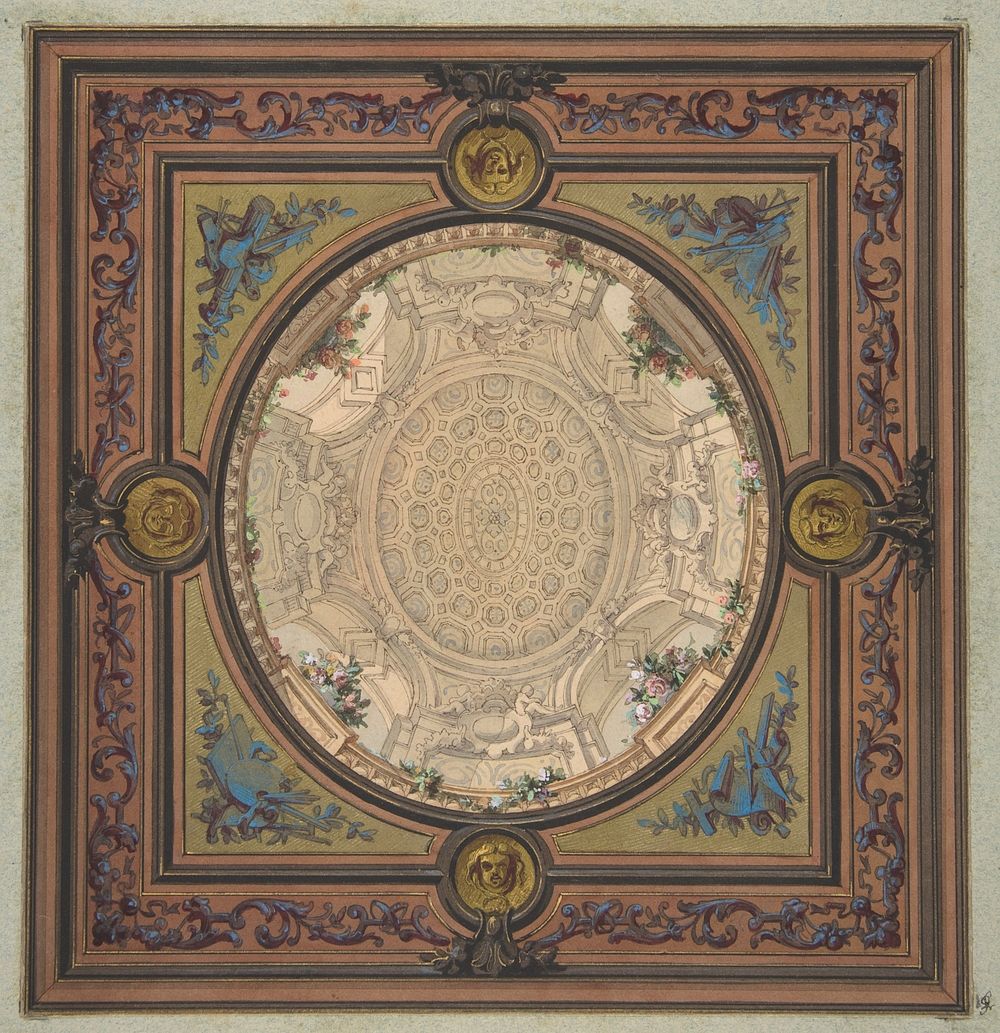 Design for the decoration of a ceiling with a trompe l'oeil painting of a coffered dome by Jules Lachaise and Eugène Pierre…