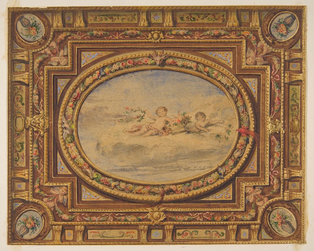 Design for a painted ceiling with putti on clouds in a central oval by Jules Lachaise and Eugène Pierre Gourdet