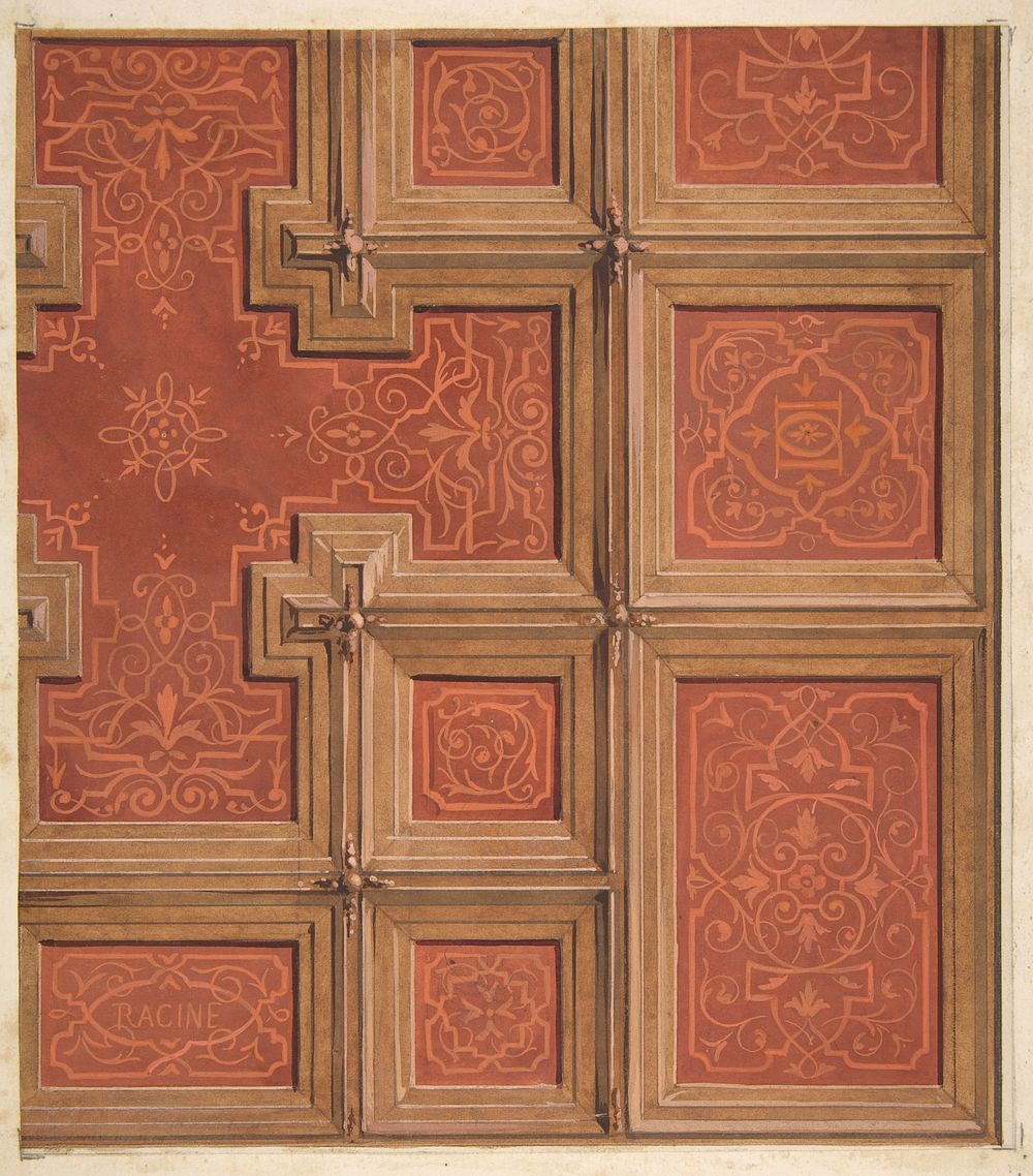 Design for the decoration of a coffered ceiling ornamented with the name "Racine" and entwined  letters: DD by Jules…