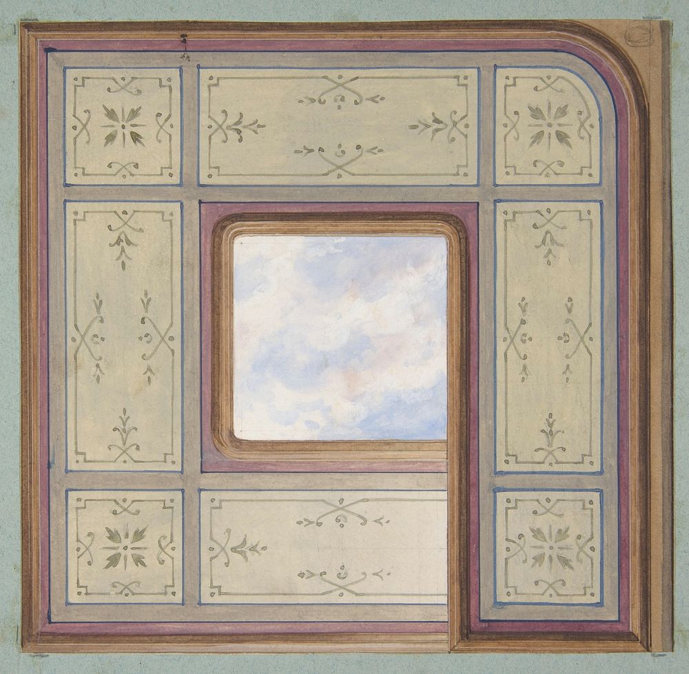 Design for the decoration of a ceiling with a central panel of painted clouds by Jules Edmond Charles Lachaise and Eugène…