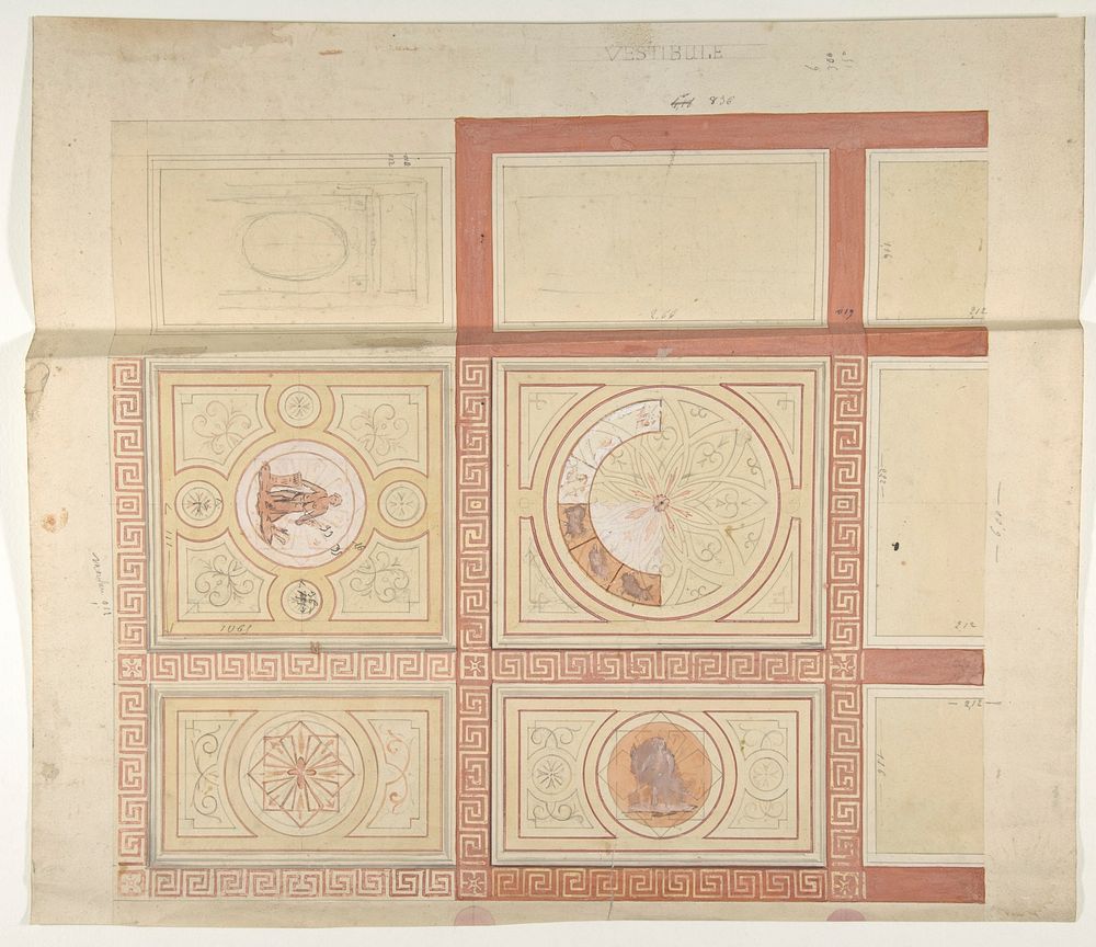 Design for the decoration of the ceiling of a vestibule in painted panels with roman key borders by Jules Edmond Charles…