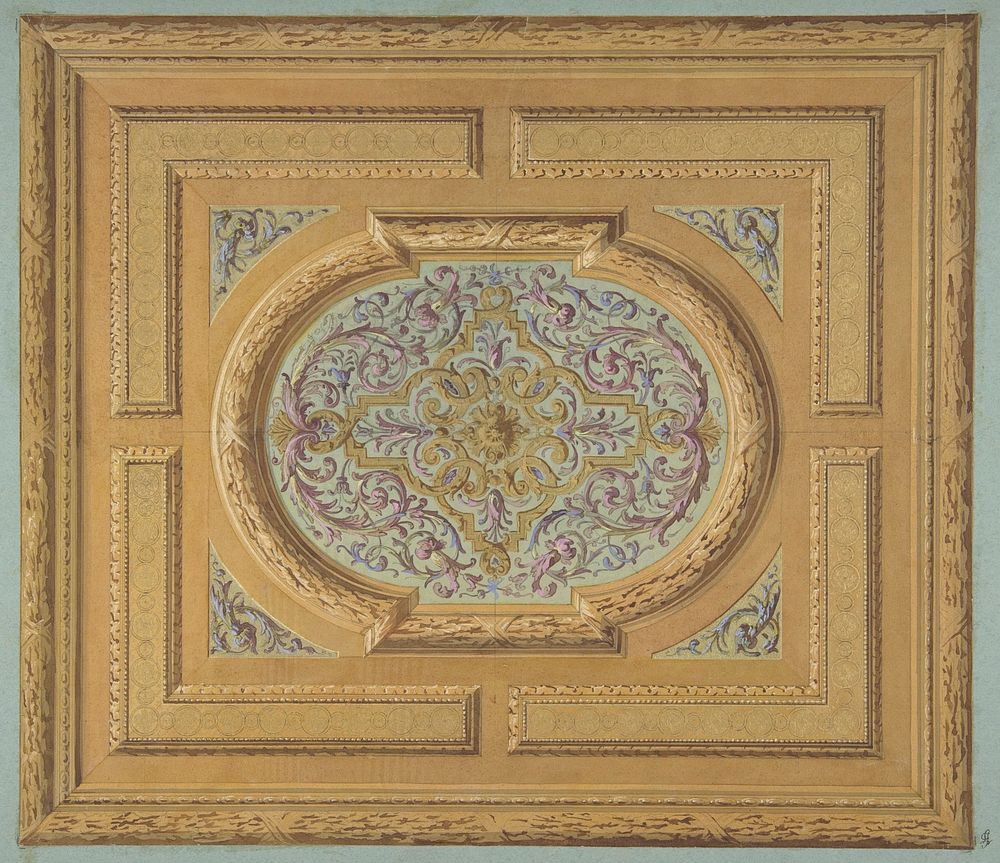 Design for a ceiling decorated with bands of oak leaves and a central panel of scrolls and rinceaux by Jules-Edmond-Charles…