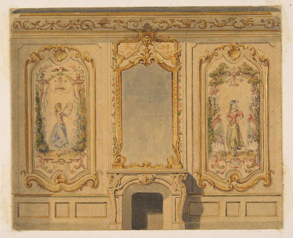 Elevation of an interior wall decorated with a chimney piece surmouted by a mirror and flanked with painted panels by Jules…