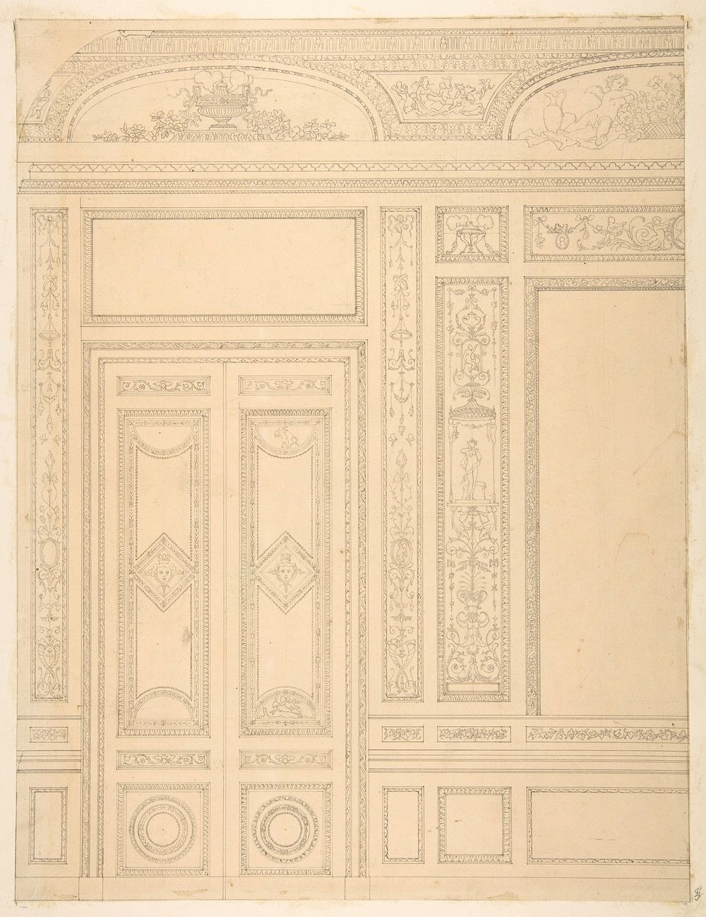 Elevation of an interior showing a paneled wall and double doors decorated in rococco sty.e by Jules Lachaise and Eugène…