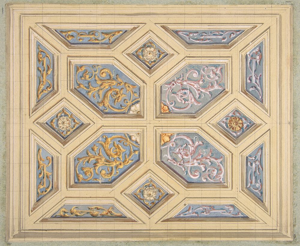 Design for a coffered ceiling decorated with rinceaux by Jules-Edmond-Charles Lachaise and Eugène-Pierre Gourdet