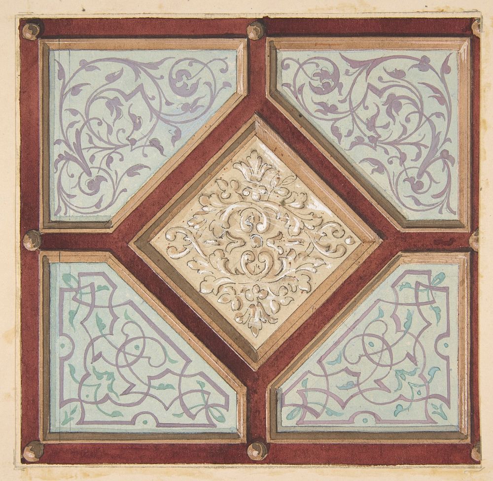 Design for a coffered ceiling with alternative decorative patterns by Jules Lachaise and Eugène Pierre Gourdet