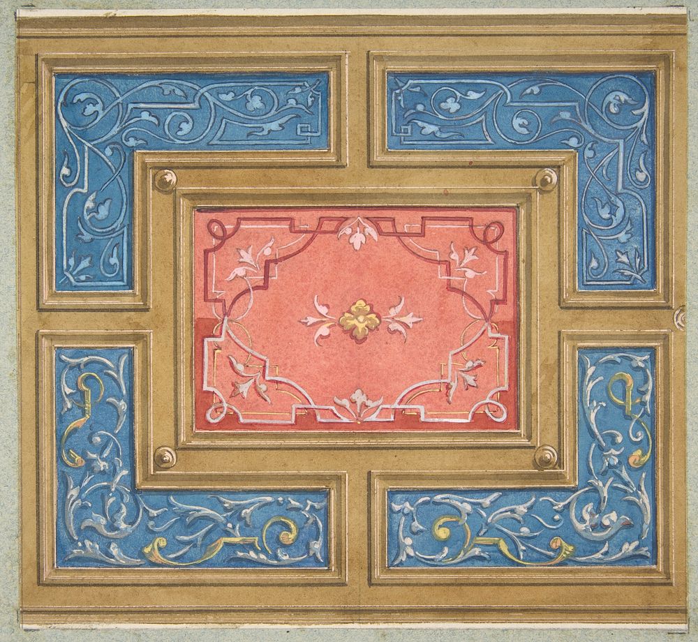 Design for a coffered ceiling with painted panels by Jules Lachaise and Eugène Pierre Gourdet
