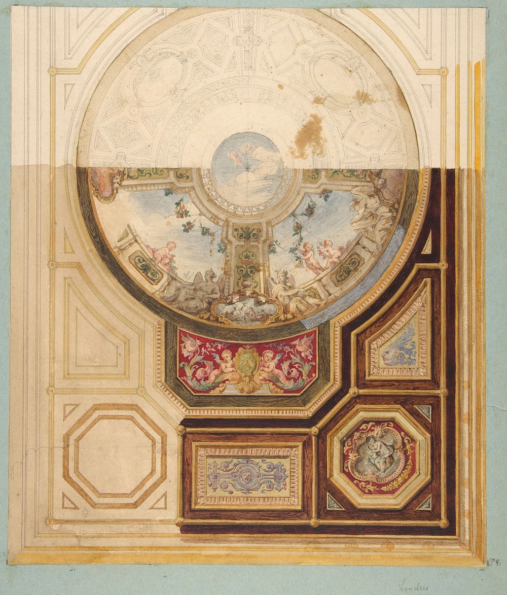 Design for a paneled ceiling with a trompe l'oeil dome in London by Jules Edmond Charles Lachaise and Eugène Pierre Gourdet