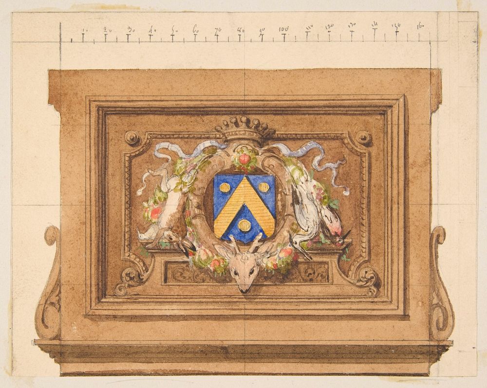 Design of a decorative panel featuring hunting trophies, a shield, and a crown by Jules Edmond Charles Lachaise and Eugène…