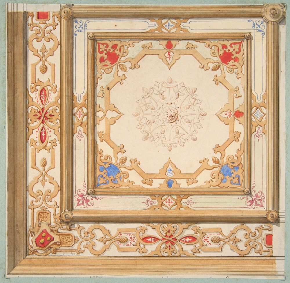 Partial design for a ceiling painted in strapwork and pine cone motifs by Jules-Edmond-Charles Lachaise and Eugène-Pierre…