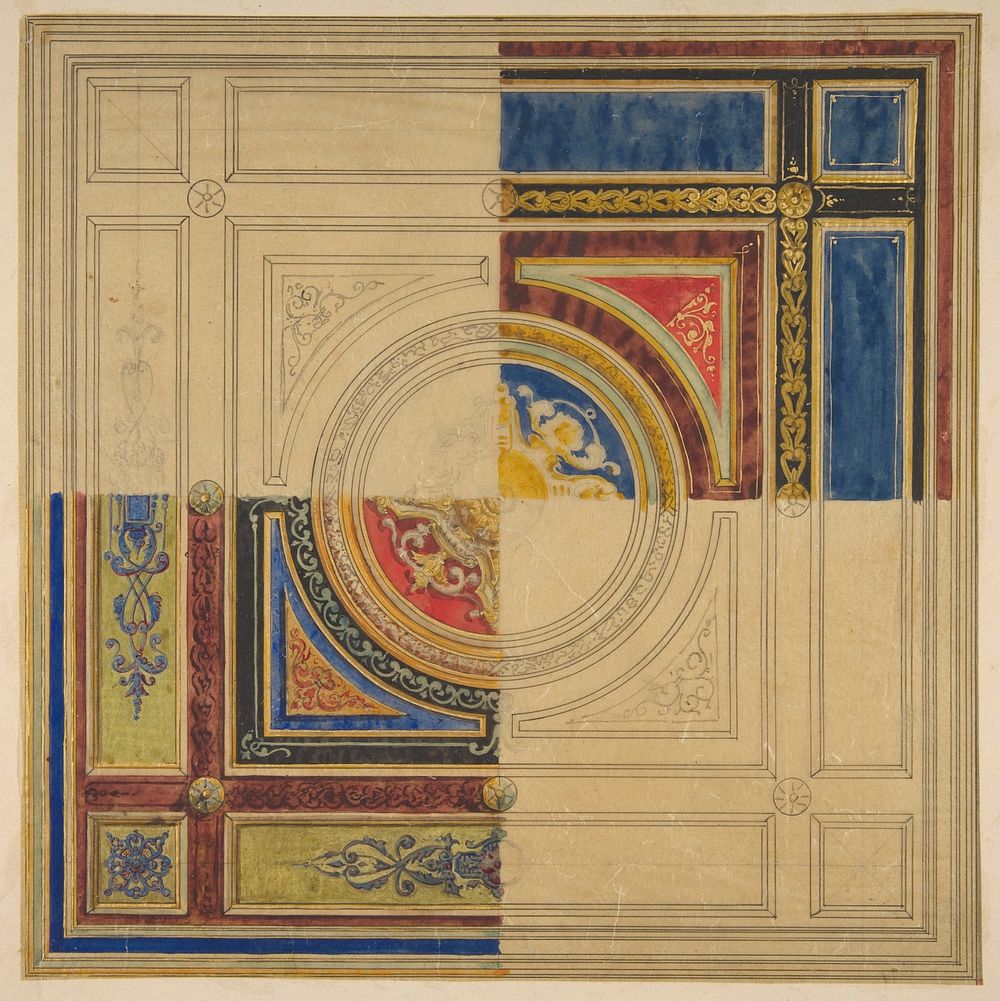 Design for a paneled ceiling with alternative decorations by Jules-Edmond-Charles Lachaise and Eugène-Pierre Gourdet