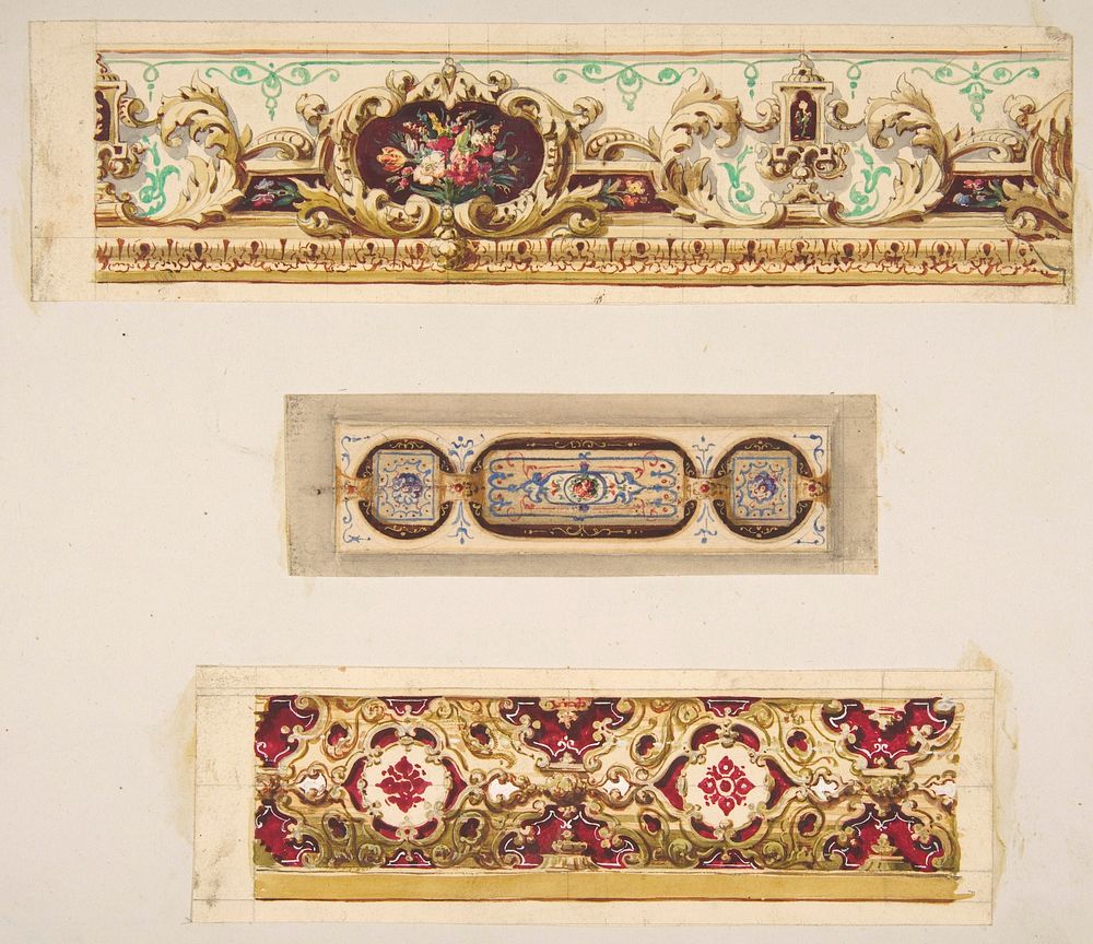 Three designs for painted borders to decorate a room by Jules Edmond Charles Lachaise and Eugène Pierre Gourdet