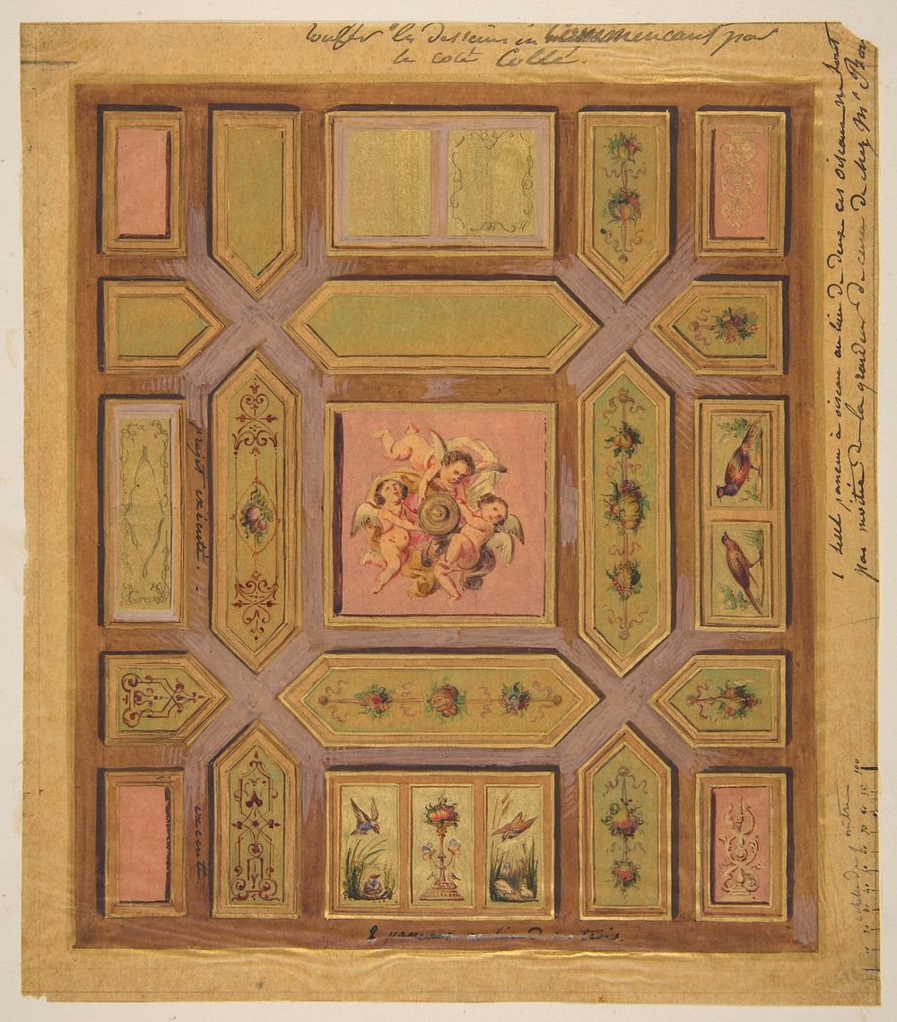 Design for a paneled ceiling painted with putti, birds, and floral motifs on tracing paper; mounted on wove paper by Jules…