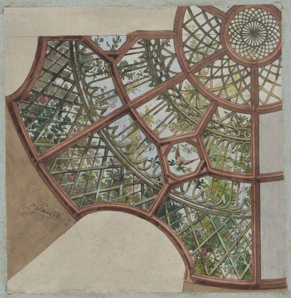 Design for a ceiling with lattice work and flowering vines by Jules Lachaise and Eugène Pierre Gourdet