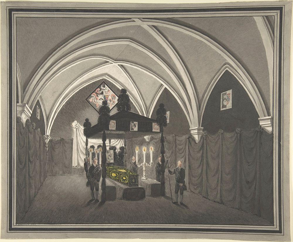 Vaulted Interior with Catalfalque, Coffin and Attendants by Robert Mackreth