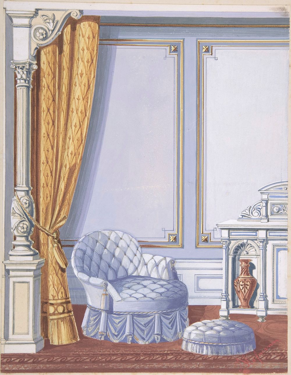 Interior Design for a Gray Curtained Alcove, with an Uphostered Armchair, Ottoman and Cabinet