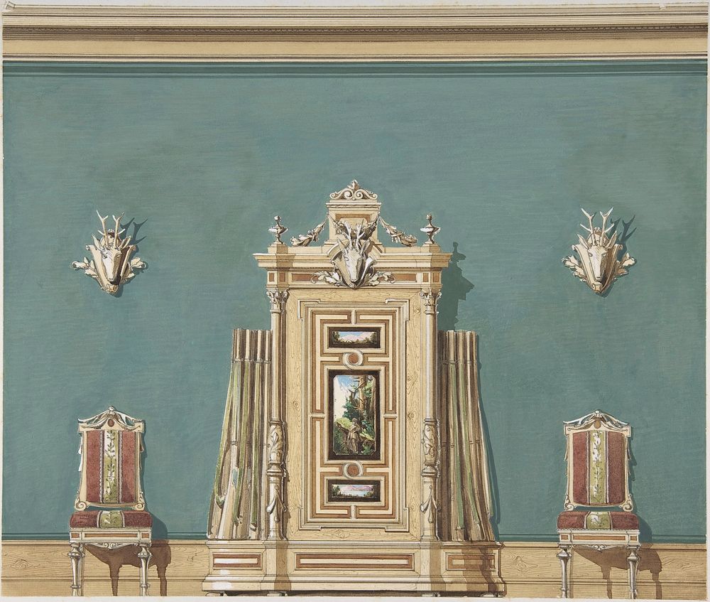 Interior Design witha Gun Cabinet and Two Chairs against a Green Wall Adorned with Trophies by Anonymous, British, 19th…