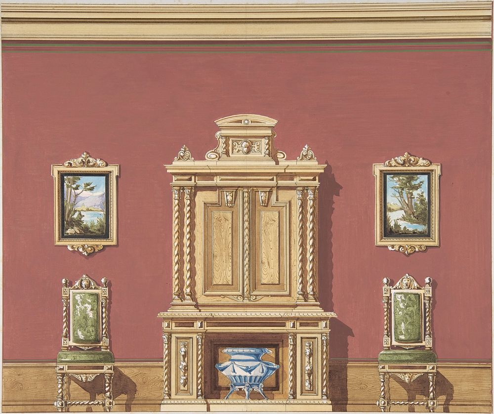 Interior Design with a Central Cabinet, Two Chairs and Two Landscape Paintings against a Red Wall by Anonymous, British…