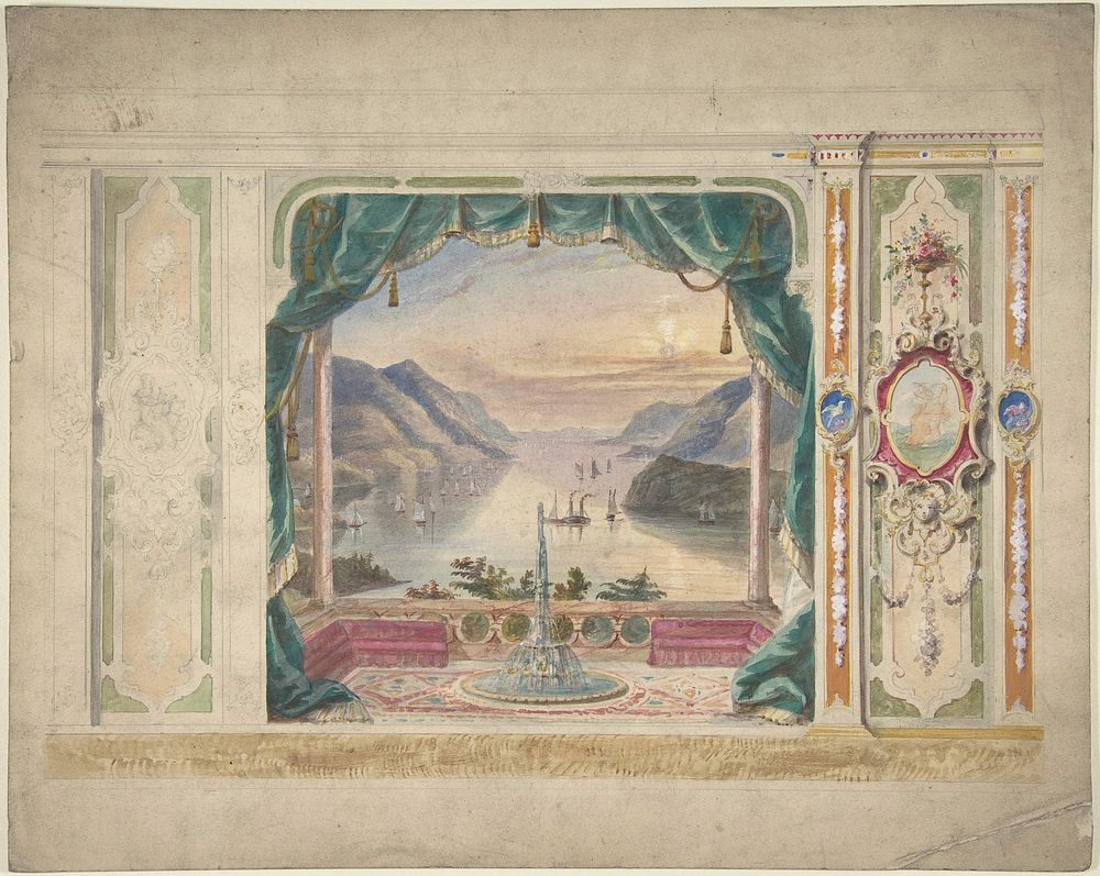 Wall Design with a Trompe l'Oeil Balcony Overlooking a Mountainous Harbor, Anonymous, British, 19th century