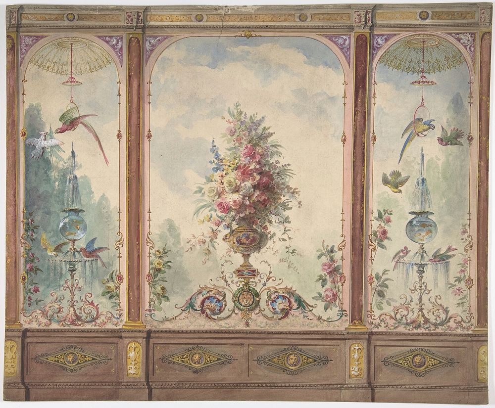 Design for a Wall with a Flower Vase, Birds, Two Gold Fish and Globe Fountains, Anonymous, British, 19th century