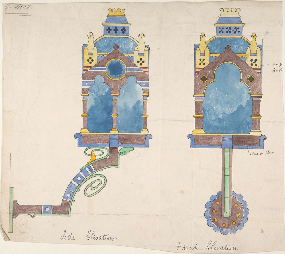 Design for a Church Wall Lantern, Front and Side Elevations