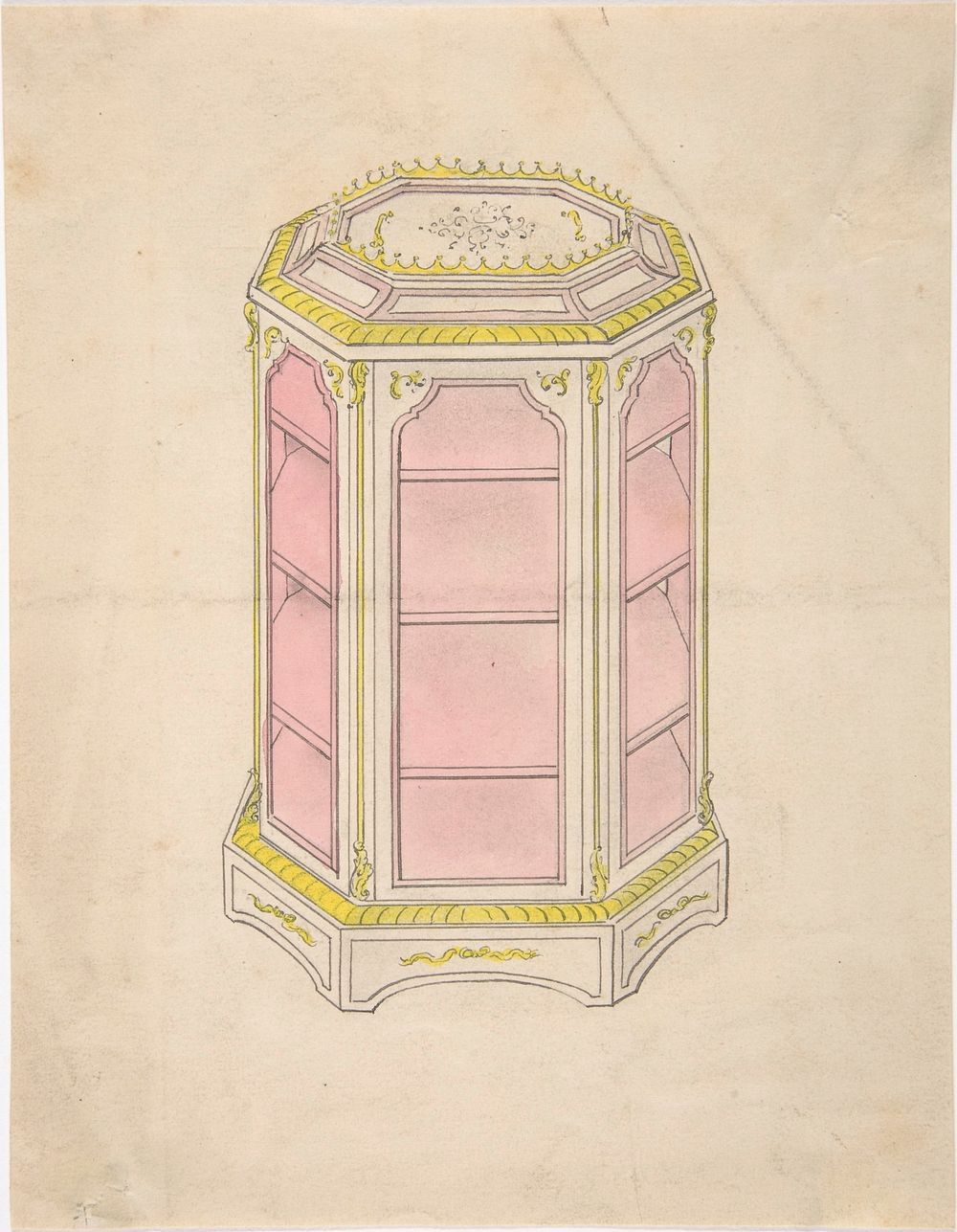 Design for an Octagonal Cabinet with Shelves and a Pink Interior, Anonymous, British, 19th century