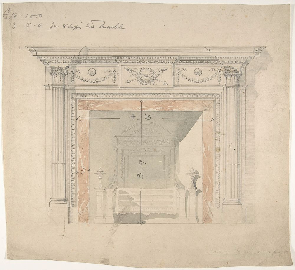 Design for an Adam-style Mantel, with a Marble Surround and Iron Firebox