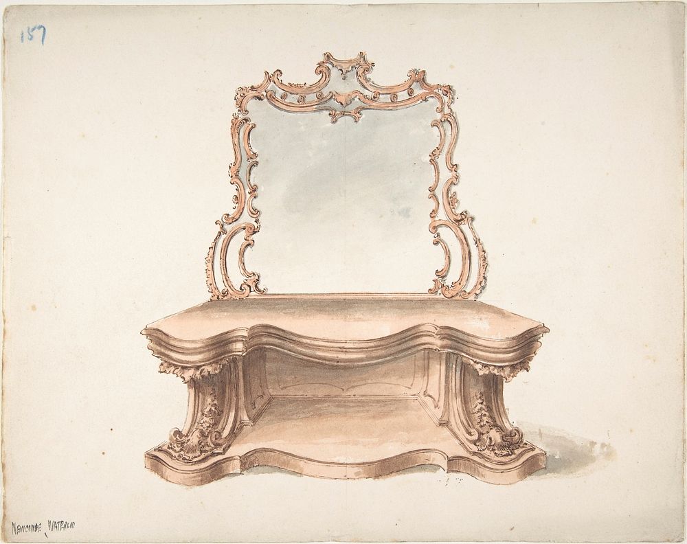 Design for Curvilinear Side Table with Mirror, Anonymous, British, 19th century