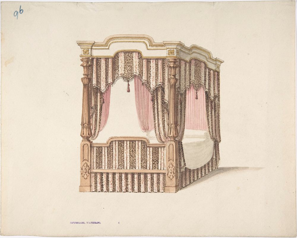 Design for a Four-poster Bed with Pink, Brown and White Draperies