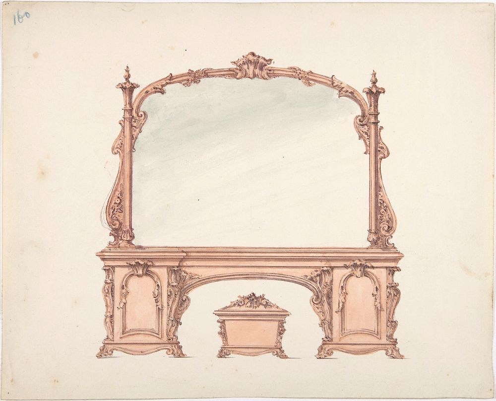 Design for a Mirrored Sideboard with Rococo Ornament, and Casket, Anonymous, British, 19th century