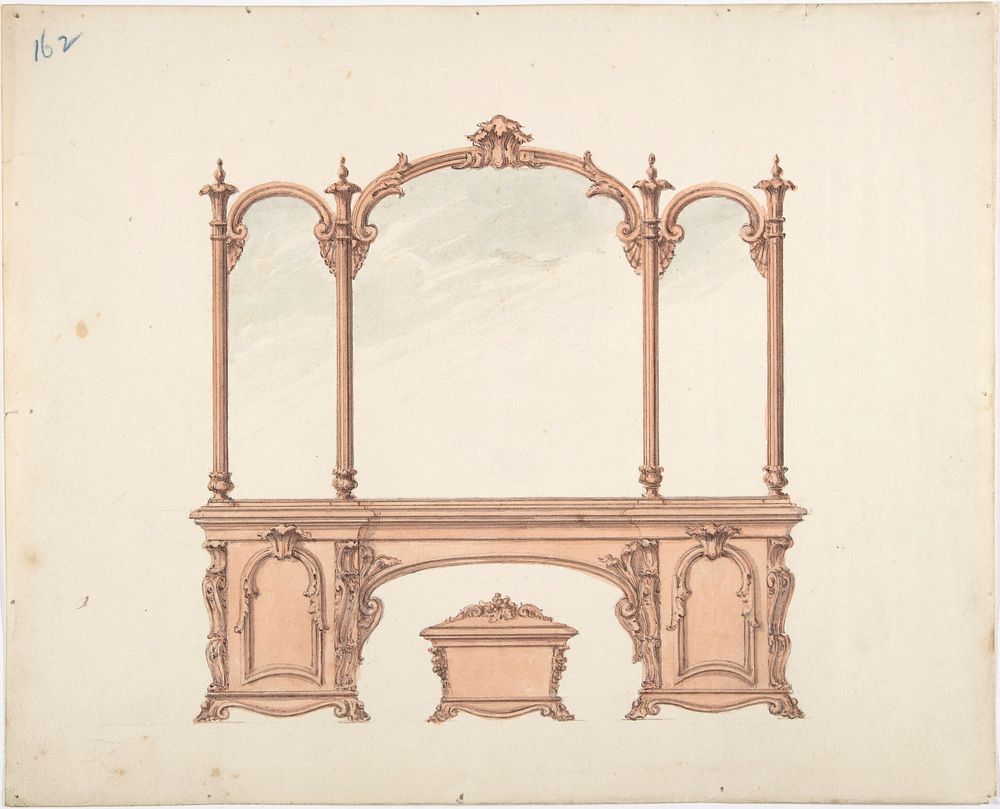 Design for a Mirrored Sideboard with Rococo Ornament, and Casket