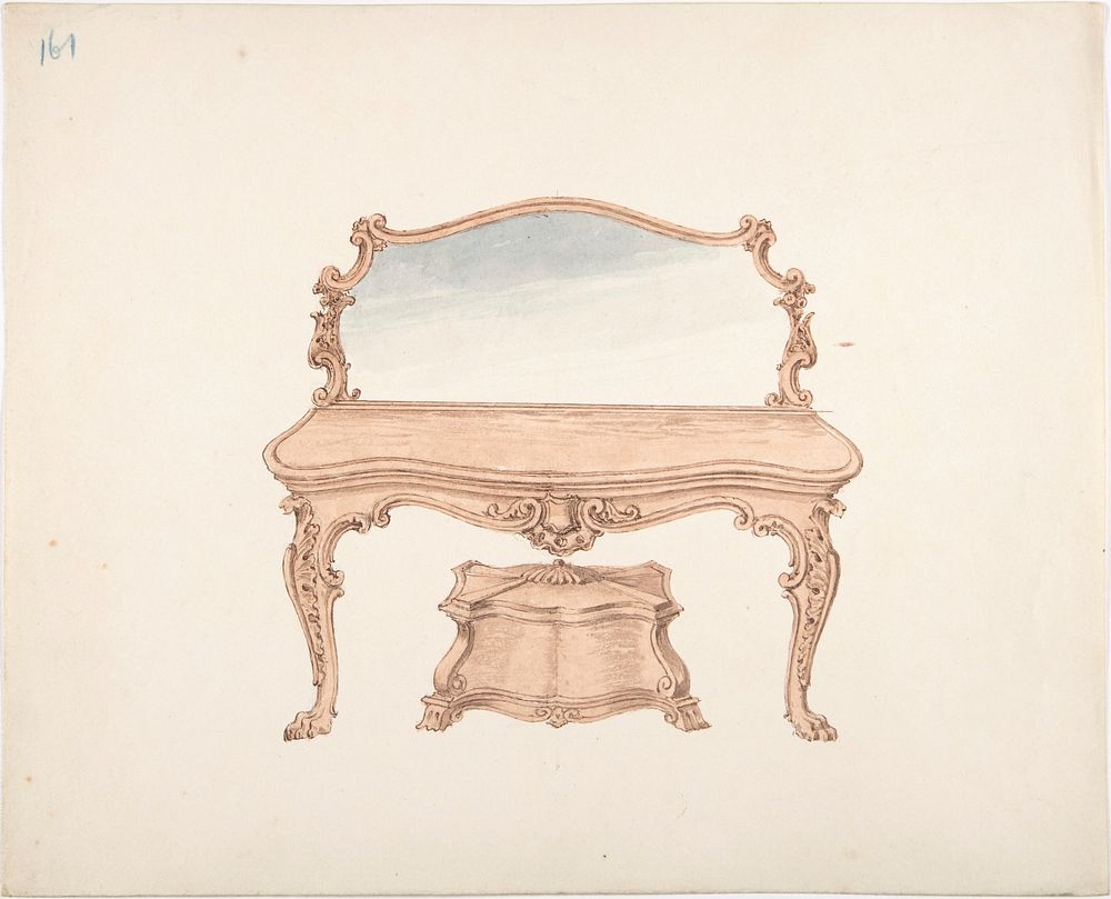 Design for a Mirrored Dressing Table with Baroque Ornament, and a Casket, Anonymous, British, 19th century
