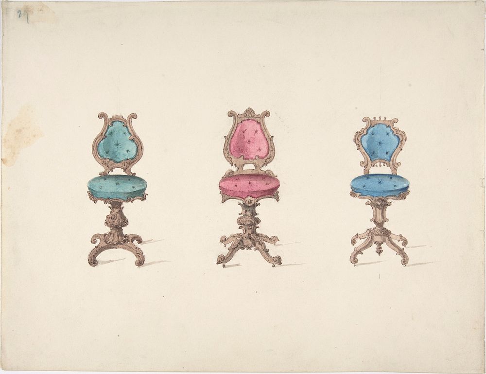 Design for Three Swivel Chairs with Green, Red and Blue Upholstery