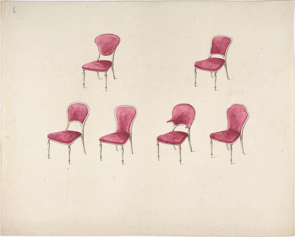 Design for Six Chairs with Scarlet Upholstery (verso: Sketch for Sofa), Anonymous, British, 19th century