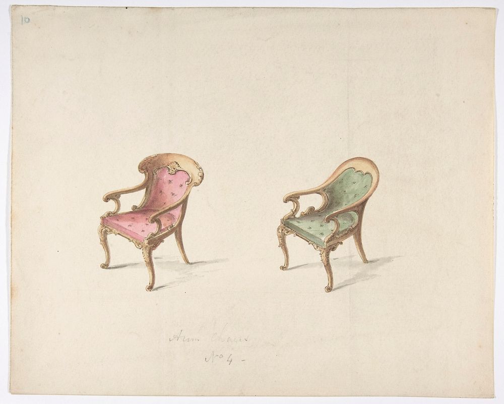 Design for Two Armchairs with Red and Green Upholstery, Anonymous, British, 19th century