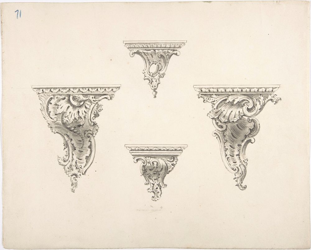Design for Four Brackets with Foliate and Rocaille Ornament