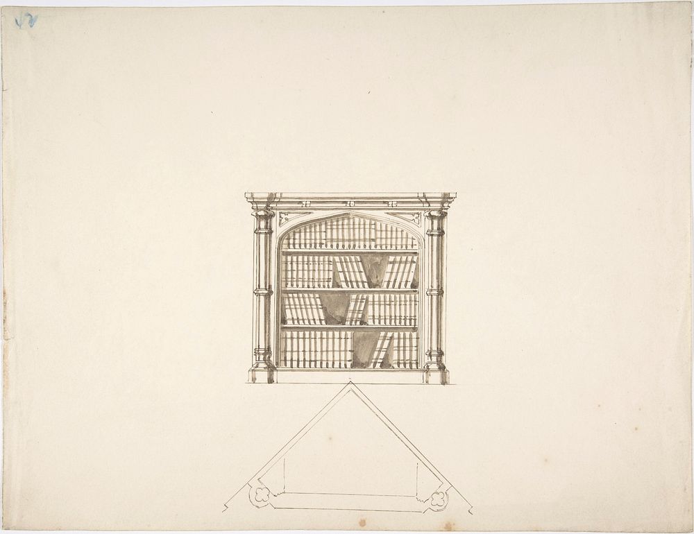 Design for a Gothic Style Corner Book Cabinet: Elevation and Plan, Anonymous, British, 19th century