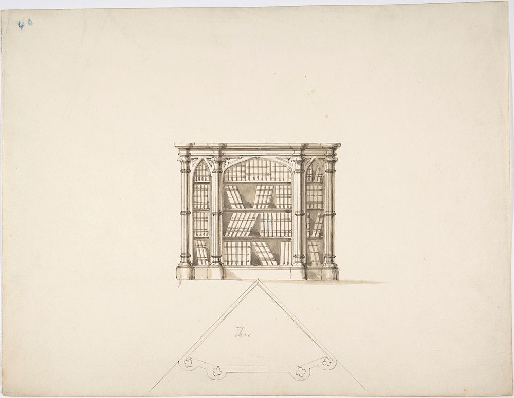 Design for a Gothic Style Corner Book Cabinet: Elevation and Plan, Anonymous, British, 19th century