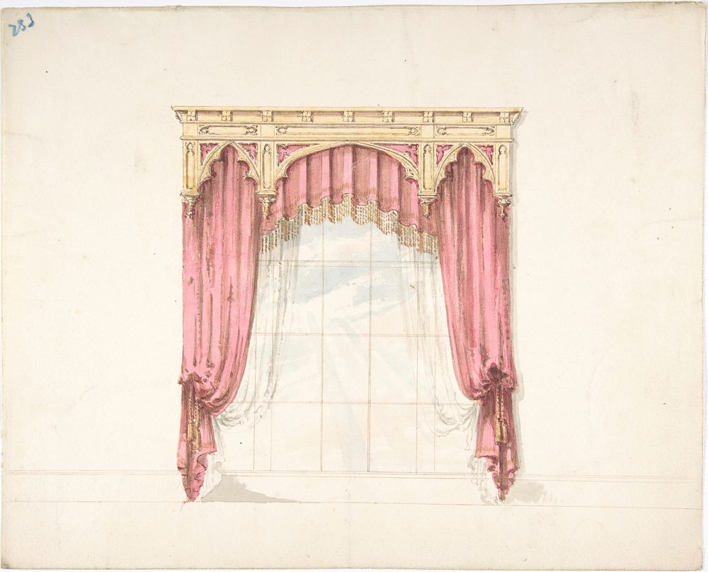 Design for Red Curtains with Gold Fringes and a Gold Gothic Pediment